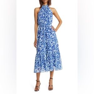 Chelsea28 Blue Surf Aster Floral Print Tiered Halter Neck Maxi dress SZ L NEW